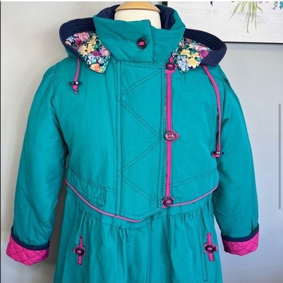 Vintage 80s Rothschild Coat Girls 12 Womens S/M Turquoise Floral Puffer Jacket - Picture 6 of 9